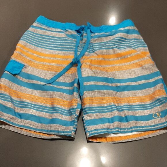 OP Blue Orange and Gray Fully Lined Swim Trunks with Drawstring - Picture 1 of 10